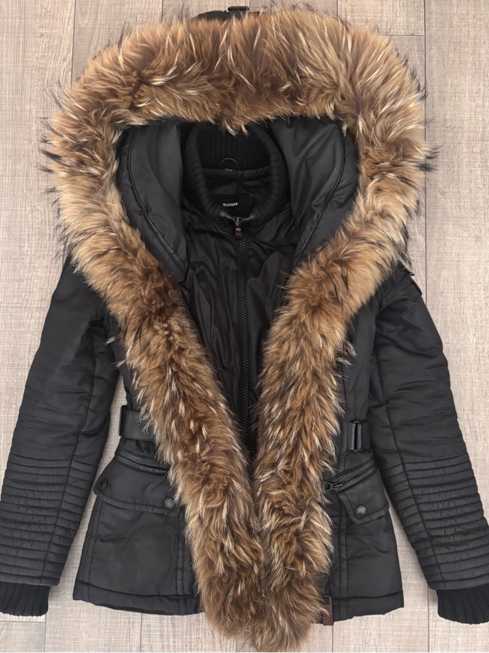 🤎Vintage RUDSAK Raccoon Fur Trim Hooded Winter Puffer Belted Coat🤎